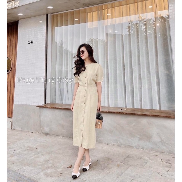 ✨ĐẦM MIDI DÀI✨Đầm midi tay bồng phối cúc đồng dọc thân - cổ tròn