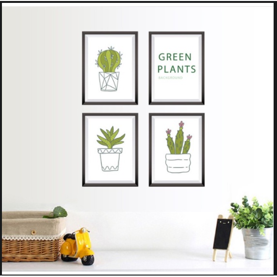 Decal trang trí tường - Khung tranh chậu cây xanh lá