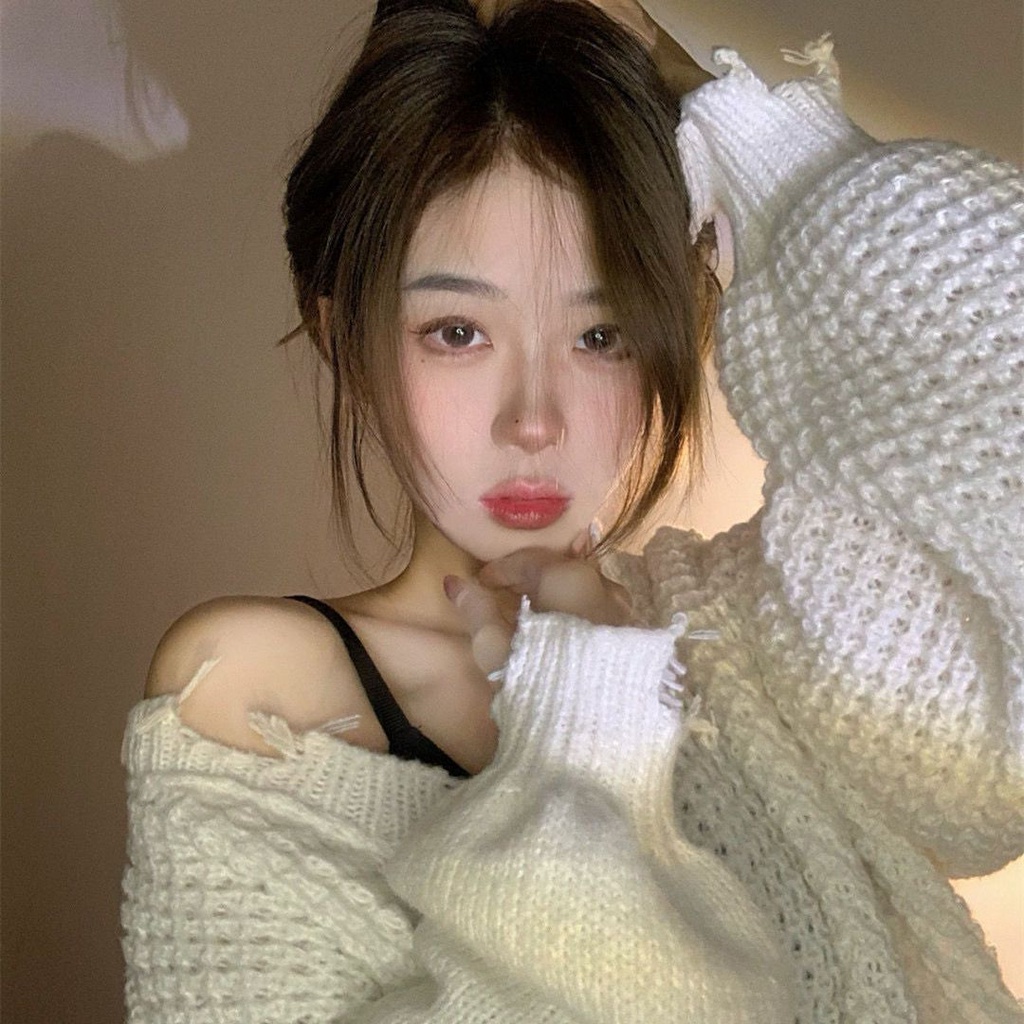 Áo Sweater Dệt Kim Màu Trắng Dáng Rộng Thời Trang Thu Đông Hàng Mới