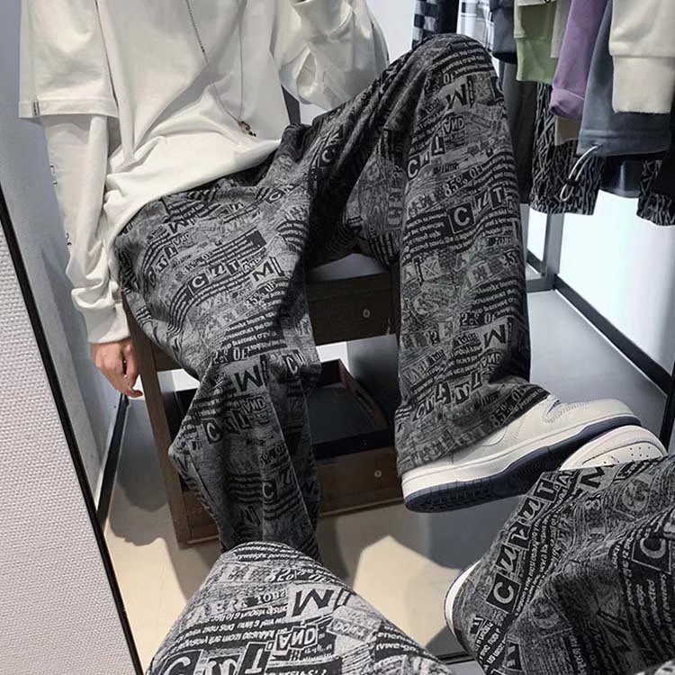Quần ống rộng in họa tiết tờ báo phong cách Âu Mỹ thời trang cho nam