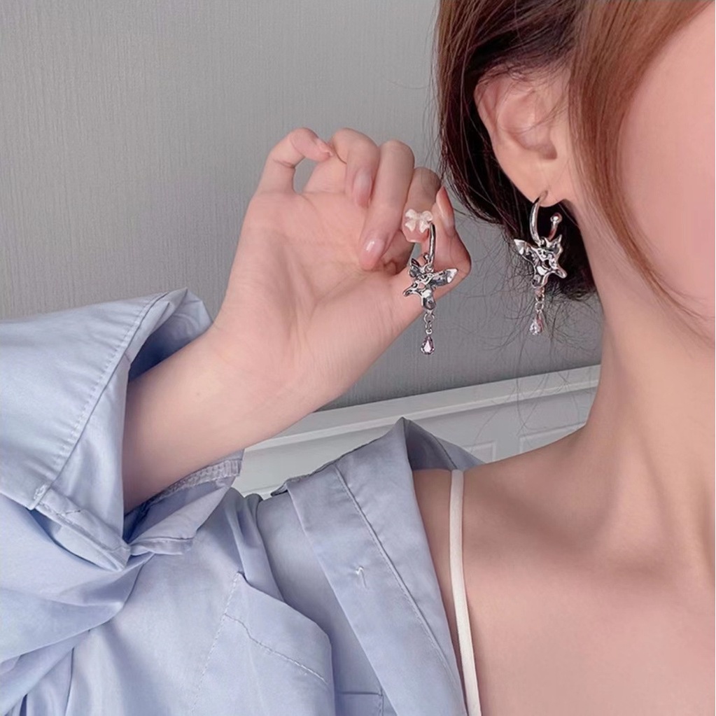 Bông Tai Hình Bướm Đính Đá Zircon Màu Tím Phong Cách Punk Cổ Điển