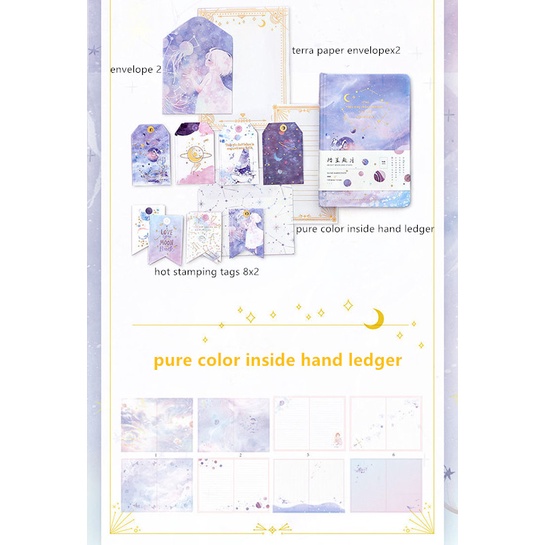 Một bộ Sổ tay + Hình dán + Băng keo + Bưu thiếp + Hộp quà-Cô gái Học sinh