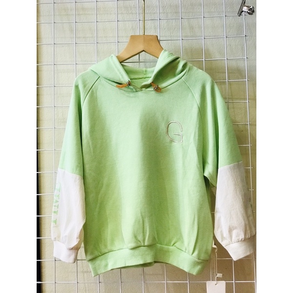 Áo hoodie chui đầu có mũ cho bé mùa thu đông, chất liệu coton mềm mịn, màu xanh chuối