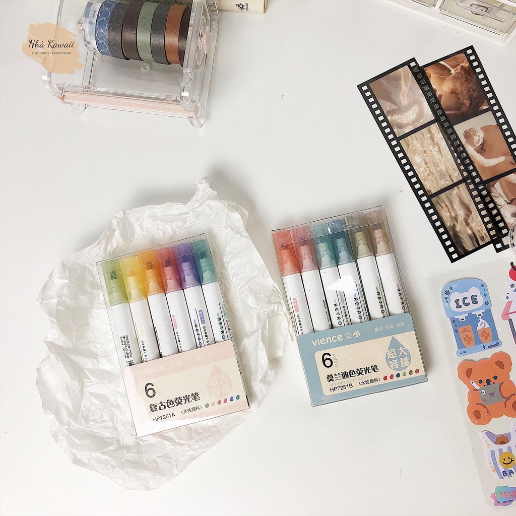 Set bút highlight màu pastel Retro Color, bút đánh dấu nhiều màu