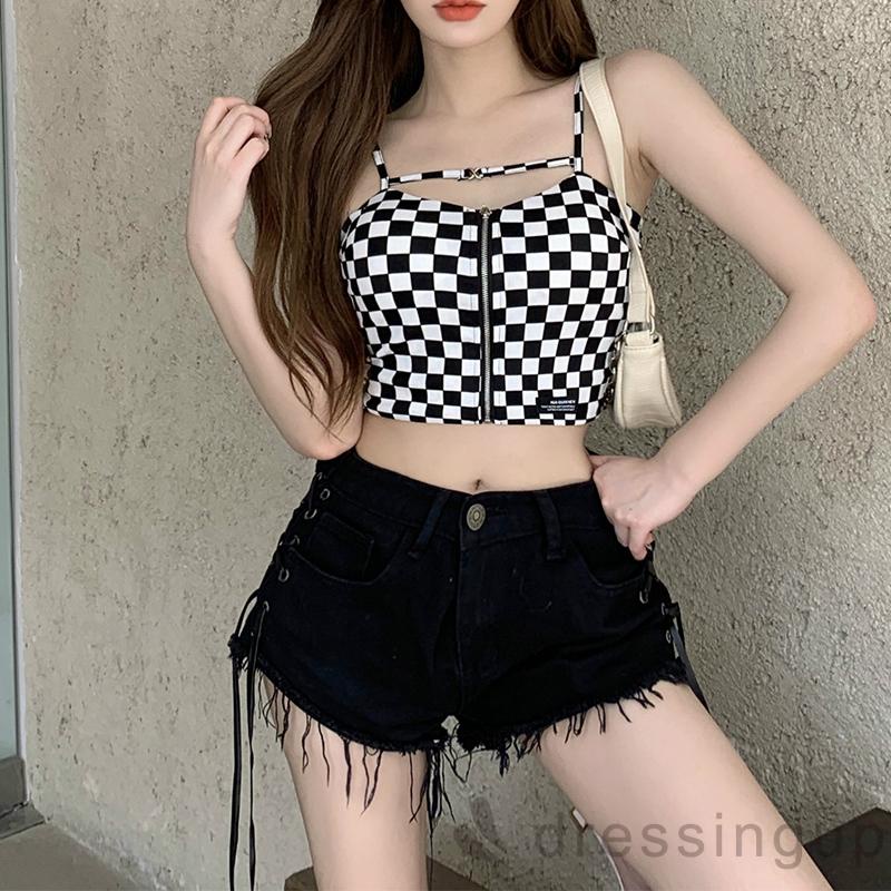 Áo Hai Dây Họa Tiết Kẻ Ô Vuông Thời Trang Cho Nữ