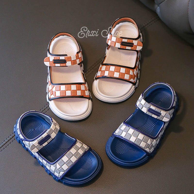 Xăng đan Hở Ngón Đế Bằng Chống Thấm Nước Họa Tiết Sọc Caro Cho Bé