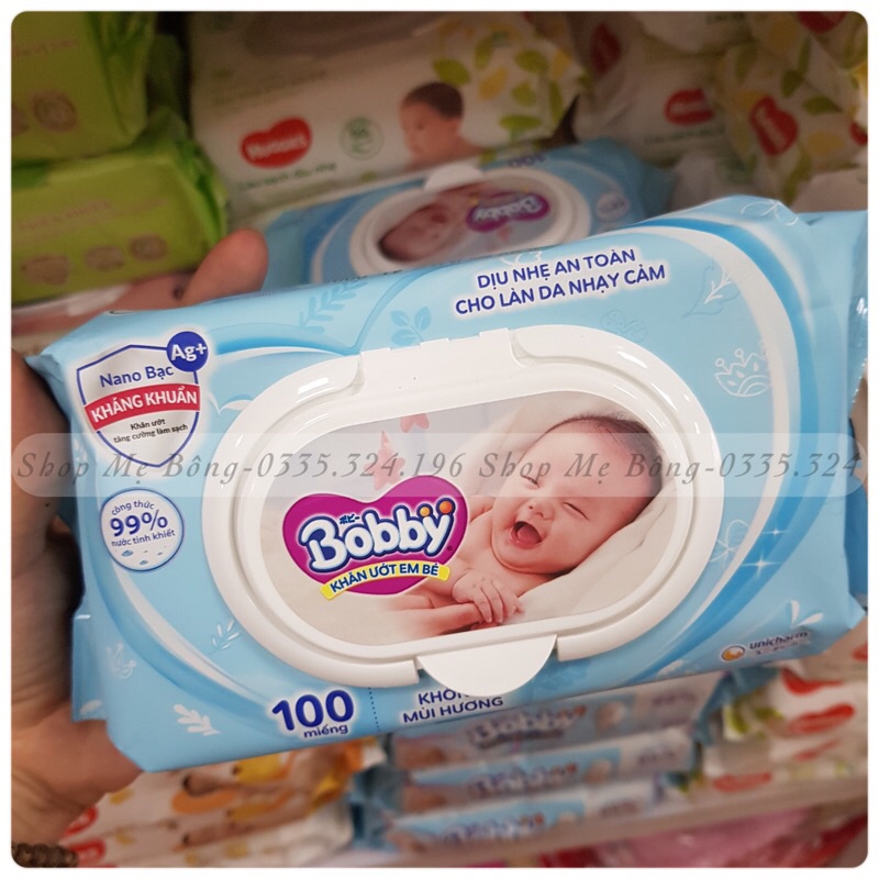 Khăn ướt Bobby không mùi bịch 100 miếng an toàn cho trẻ sơ sinh