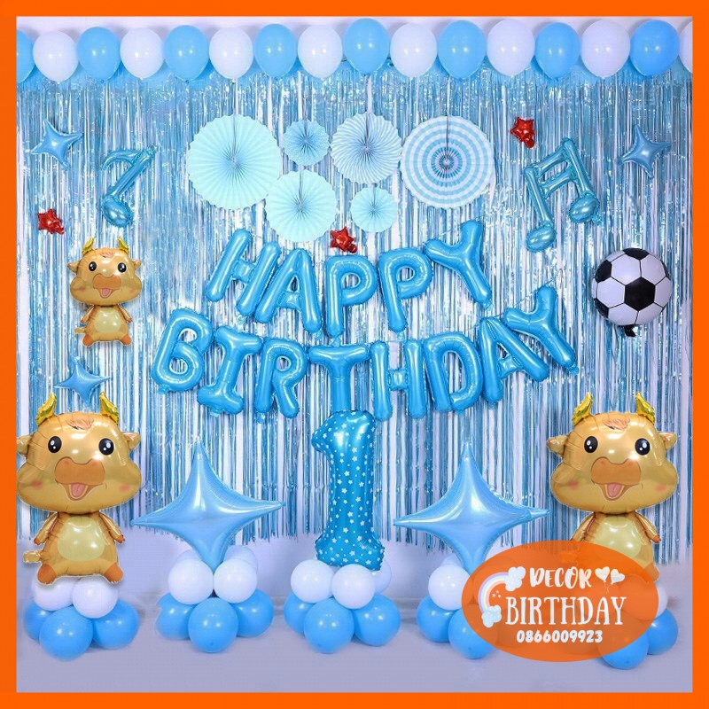 Set Trang Trí Sinh Nhật TUỔI TRÂU Cho Bé Trai, Bóng Y Hình Tặng Kèm Đồ Bơm Băng Dính Bóng