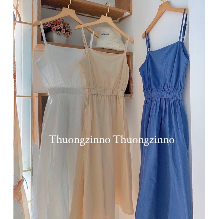 [Ảnh thật/Video]Đầm hai dây thô mềm tôn dáng thiết kế chun eo Váy hai dây chun eo dáng dài