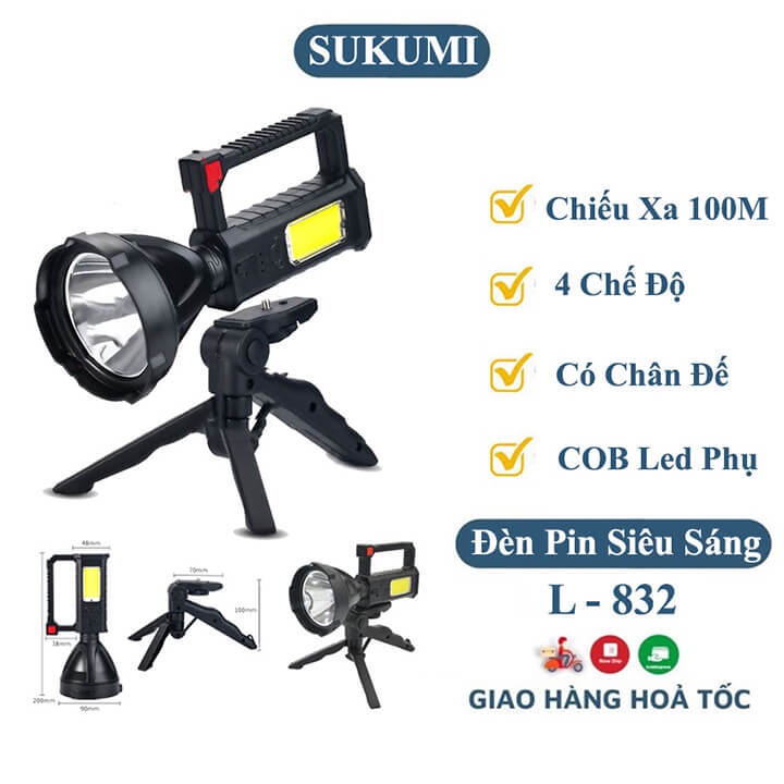 Đèn pin cầm tay siêu sáng L832 chiếu xa 100m, đèn pin xách tay 4 chế độ có chân đế chắc chắn, COB Led siêu sáng