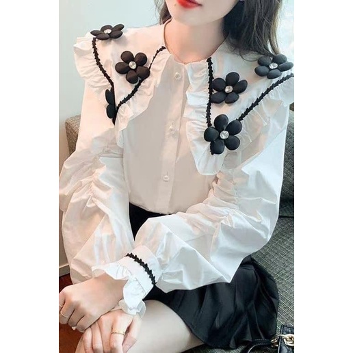 ÁO SƠ MI TRẮNG CỔ HOA ĐEN CHO NỮ