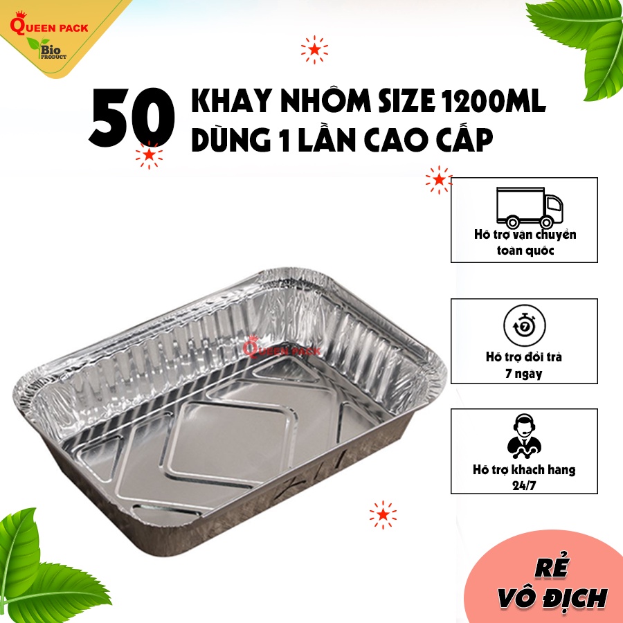 50 cái khay nhôm 1 ngăn size 1200ML KÈM NẮP GIẤY NHÔM/NẮP NHỰA đựng thực phẩm nóng, giữ nhiệt, nướng