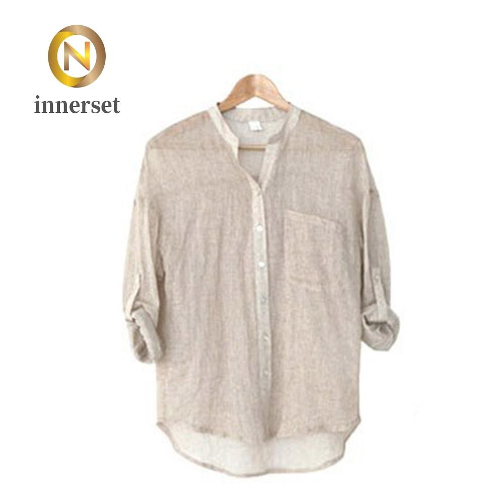 Áo Kiểu Chất Liệu Vải Cotton Linen Màu Trơn Dáng Rộng Thanh Lịch Cho Nữ