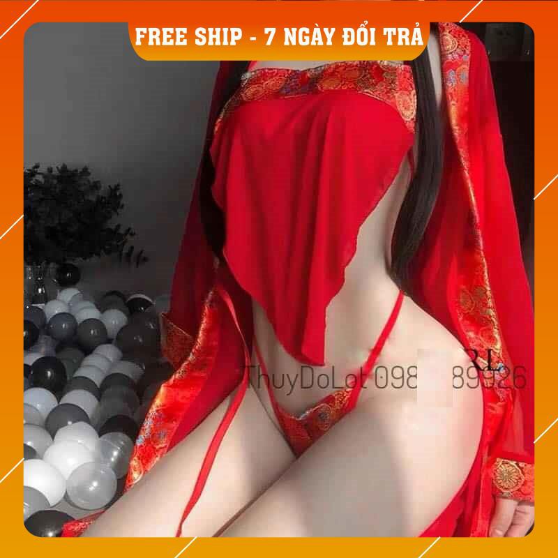 Bộ đồ ngủ cosplay cổ trang tân nương gồm Áo choàng + Áo Yếm + Quần chip (freesize 40-80kg)  - QUIN BEE