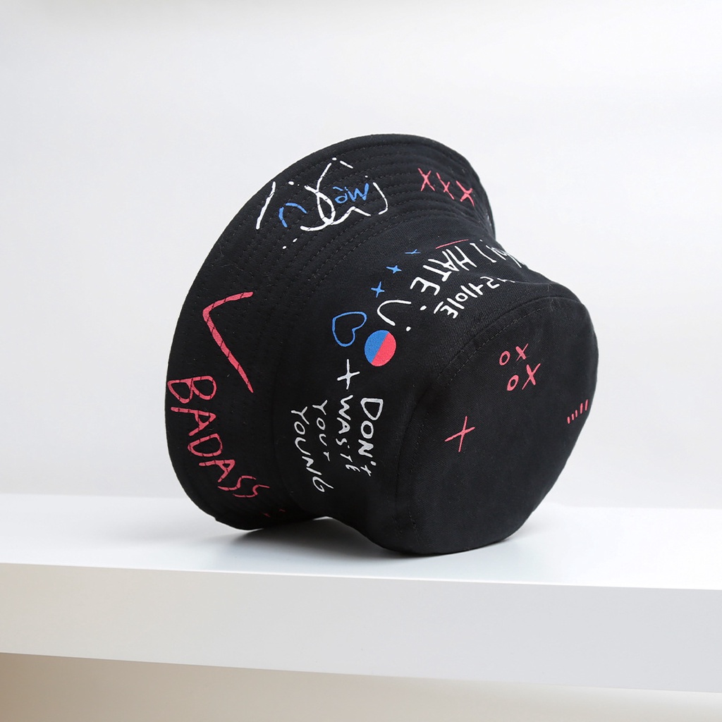 Mũ bucket graffiti phong cách Hàn Quốc, nón tai bèo vành tròn rộng form unisex nam nữ nhiều màu - B02