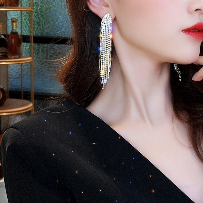 Bông tai treo tua dài đính đá lấp lánh bạc 925 không rỉ
