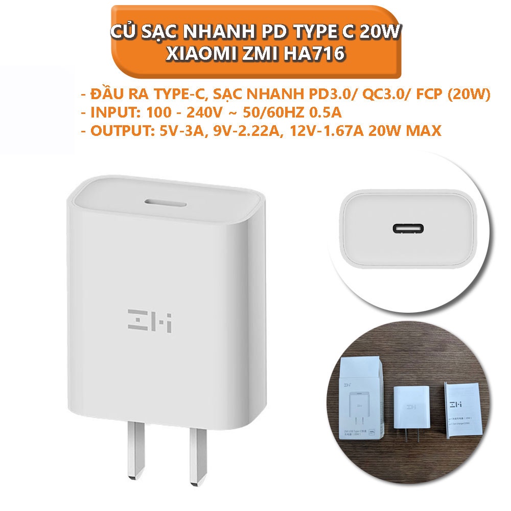 Củ sạc nhanh Xiaomi PD Type C 20W ZMI HA716 chuẩn PD 3.0 cho iphone andriod