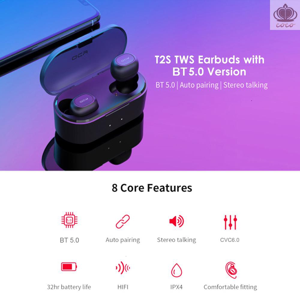 Tai nghe Bluetooth 5.0 TWS QCY T2S không dây chống tiếng ồn CVC6.0 kèm 2 mic nhét tai