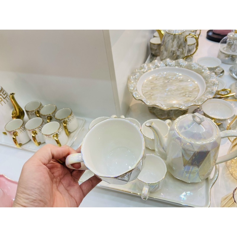 Bộ ấm chén khay sứ ánh trai siêu đẹp viền vàng Bắc Âu- Bộ trà đẹp