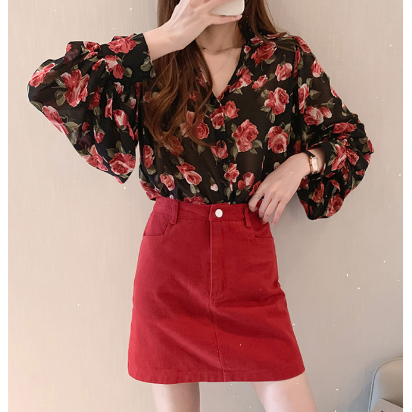 SUXI Áo Sơ Mi Chiffon Tay Dài Dáng Rộng In Hoa Kiểu Retro Xinh Xắn Cho Nữ