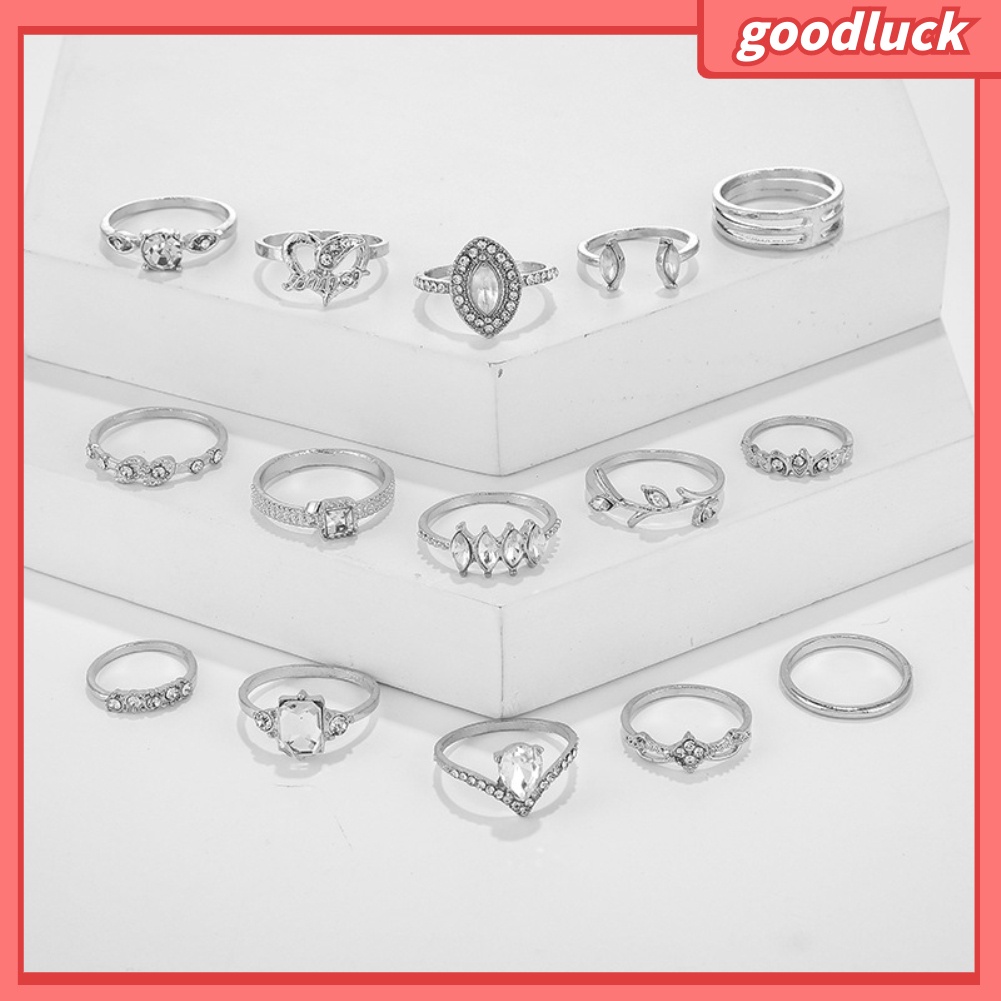 Bộ 15 nhẫn đính đá giả nhiều mẫu mã phong cách boho thời trang cho nữ