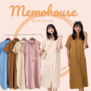 Váy sơ mi dáng ULZZANG suông dài tay chất thô, Đầm sơmi suông dài oversize hàng Quảng Châu MEMOHOUSE