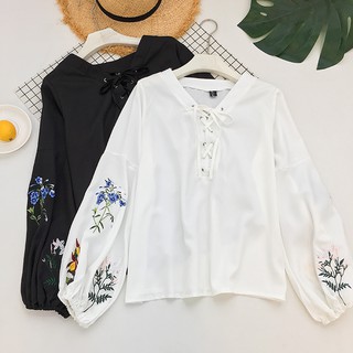 Áo vải voan, thêu họa tiết - Đen, trắng