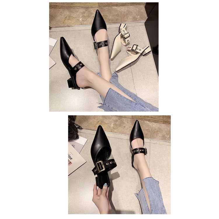 Giày sục nữ mũi nhọn da mềm khóa gài gót cao 3cm