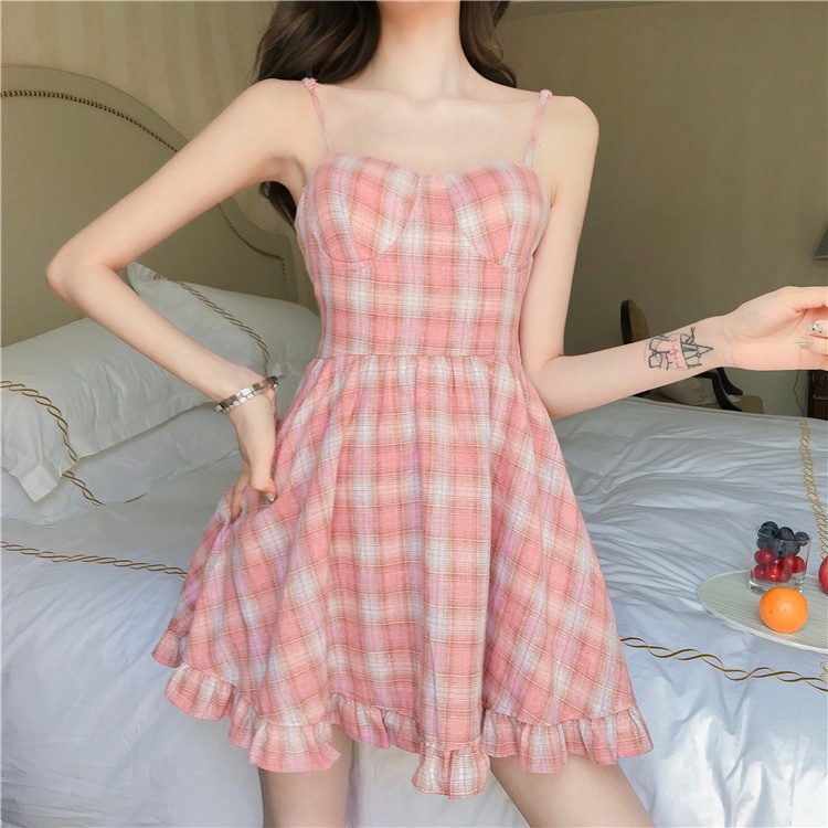 COZOK Đầm Hai Dây Hở Lưng Họa Tiết Sọc Caro Xinh Xắn