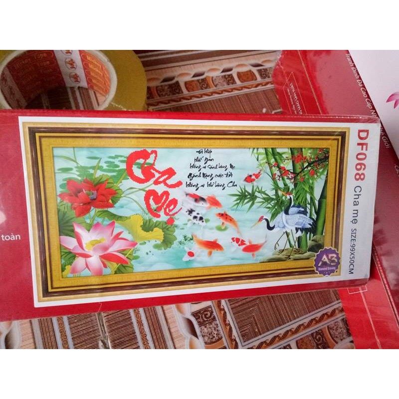 tranh đính đá cao cấp thư pháp cha mẹ kt 99x55cm