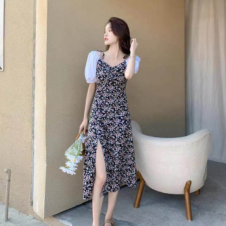 Đầm IELGY dáng dài qua đầu gối tay ngắn phối hai dây in họa tiết hoa phong cách Pháp thời trang dành cho nữ
