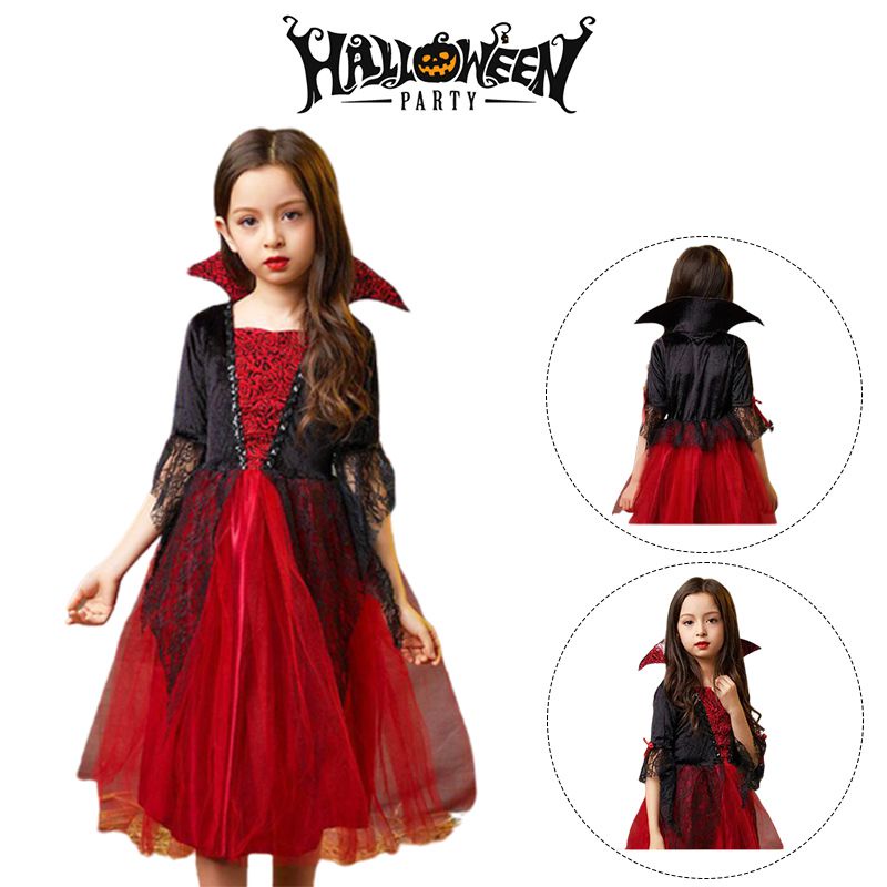 Kids Costume Girl Vampire Witch Cosplay Costume Performance Party Set Party Clothing Red Tulle Skirt Girl Dresses Halloween gift