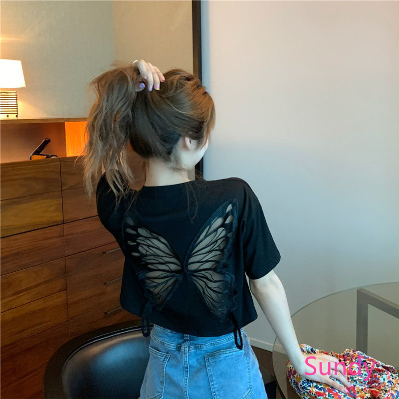 Áo Thun Ngắn Tay Dáng Rộng In Hình Bướm Thời Trang Dễ Thương