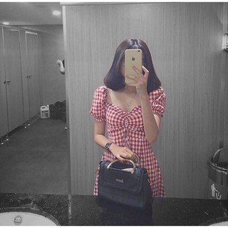 Đầm Caro Đỏ Rút Dây Ngực