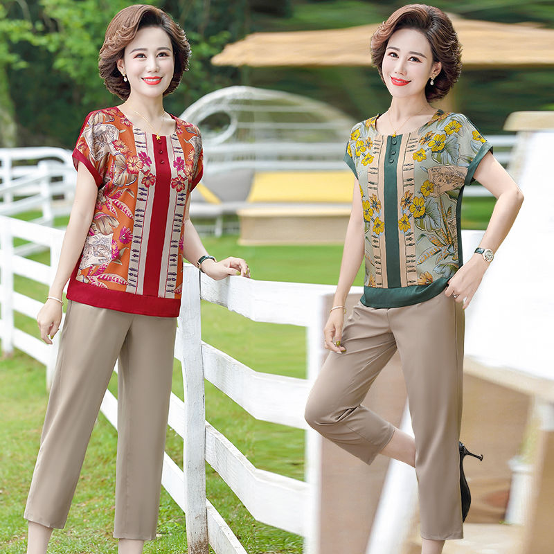 Bộ Áo Thun Tay Ngắn + Quần Chiffon Dáng Rộng Thời Trang Mùa Hè Mới 2020 Cho Nữ Trung Niên