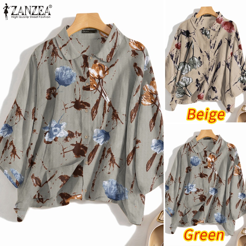 ZANZEA Áo Sơ Mi Tay Dài Cổ Bẻ In Họa Tiết Vintage Thời Trang Cho Nữ