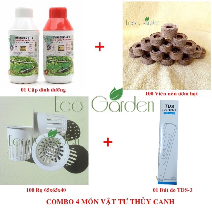 Combo 4 món vật tư thủy canh (viên nén ươm hạt + rọ thủy canh + dung dịch thủy canh ...)