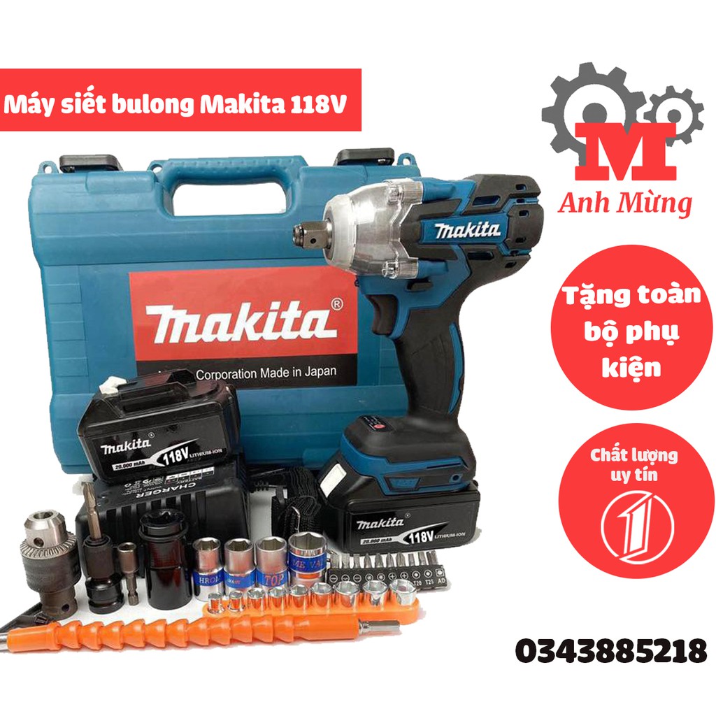 Máy siết bulong Makita 118V tặng bộ phụ kiện, máy siết bulong không chổi than 2 trong 1