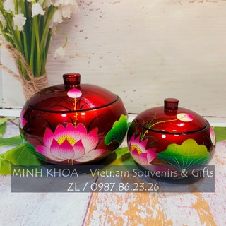 Chén Bát Hũ Đựng Bánh Kẹo Sơn Mài Hoa Sen Vẽ Tay 12 - 14 - 16 Cm