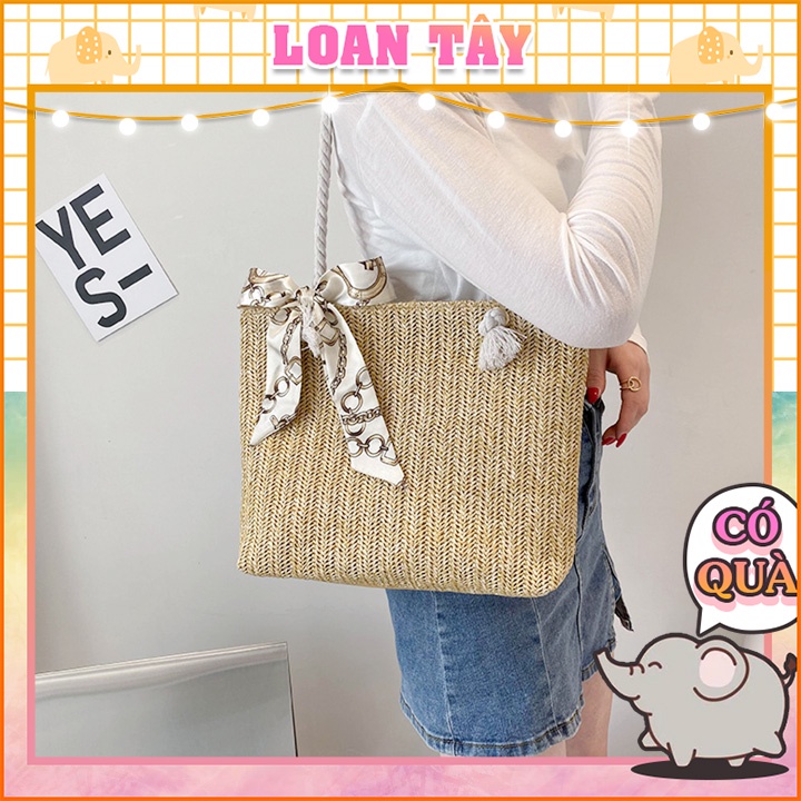 Túi Vuông Cói Lớn Quai Đeo Thừng Phối Dây Vải Xinh