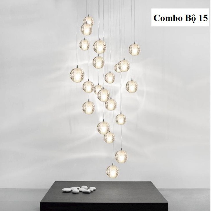 Bộ 15 Đèn thả thông tầng pha lê giọt nước thủy tinh tiết kiệm điện dễ thay thế Tặng kèm đế chung tròn và bóng LED