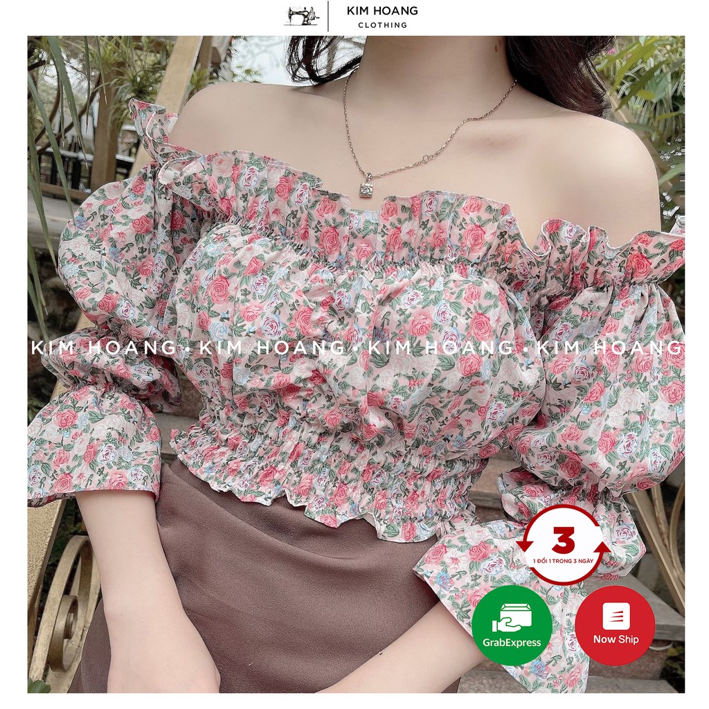 Áo hở vai, trễ vai tay bồng nhún bèo hoa nhí tay dài (tay lửng)