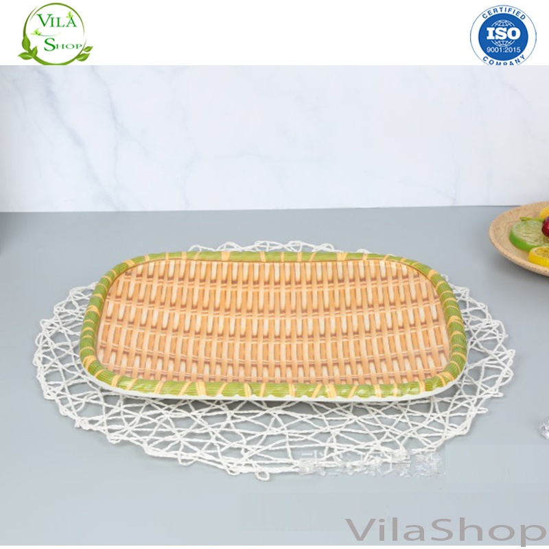 Đĩa Nhựa Giả Mây, Đĩa Phíp Giả Mây Tre Đan HÌNH CHỮ NHẬT Nhiều Size Có Chân Đế, Để Hoa Quả Bún Mẹt Sang Trọng Tiện Lợi