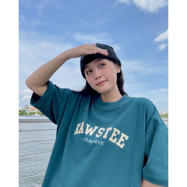 Áo thun Unisex KAWSTEE form rộng in hình basic màu xanh rêu 2022