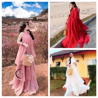 Đầm maxi voan tầng yếm hoa cổ