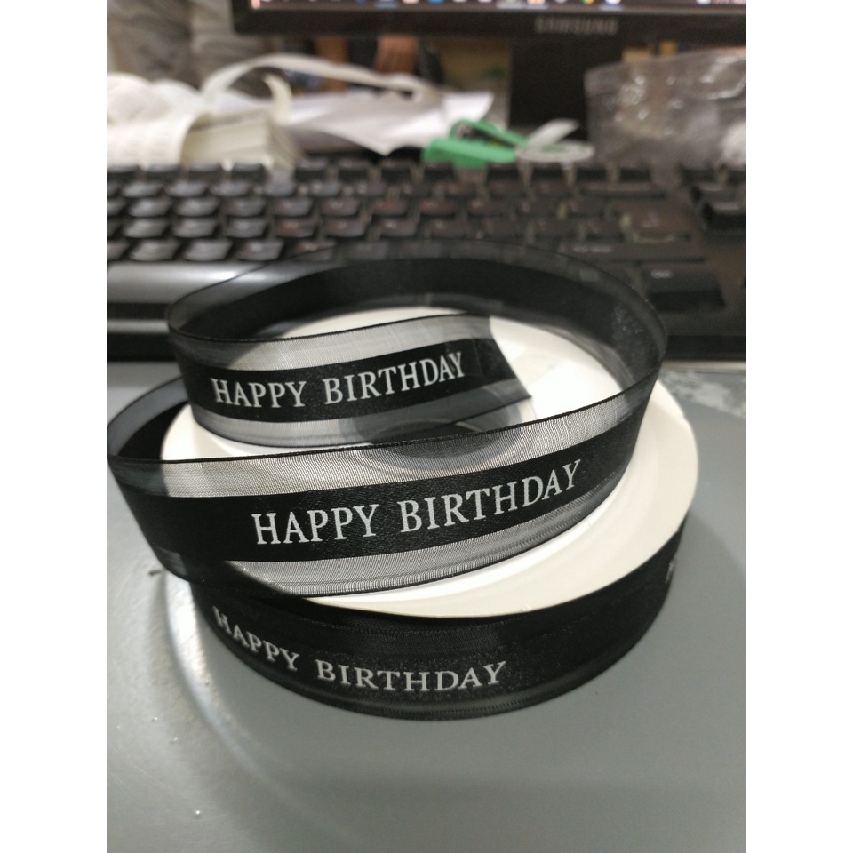 Cuộn Ruy Băng viền Ren màu Đen chữ Happy Birthday