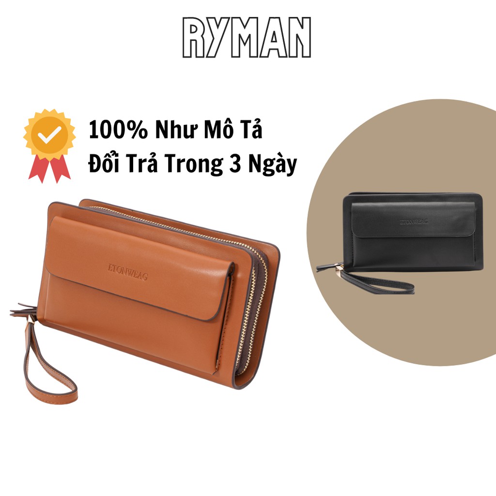 Clutch cầm tay nam ETONWEAG hàng hiệu, phong cách Âu Mỹ da PU khóa kéo cao cấp, ví dài đa năng đựng điện thoại, thẻ ATM