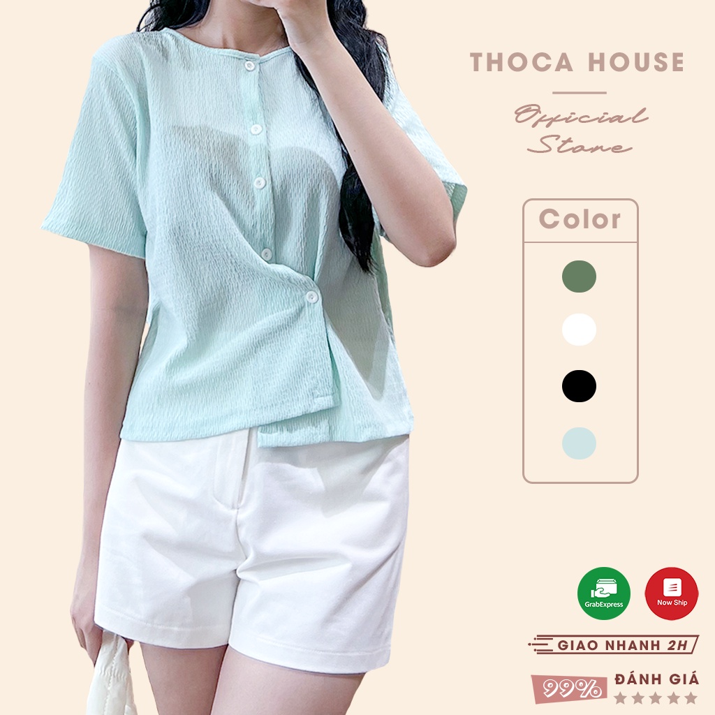 Áo kiểu nữ vải xốp tay ngắn thiết kế nút lệch trơn THOCA HOUSE cá tính trẻ trung, năng động mặc đi chơi, đi học