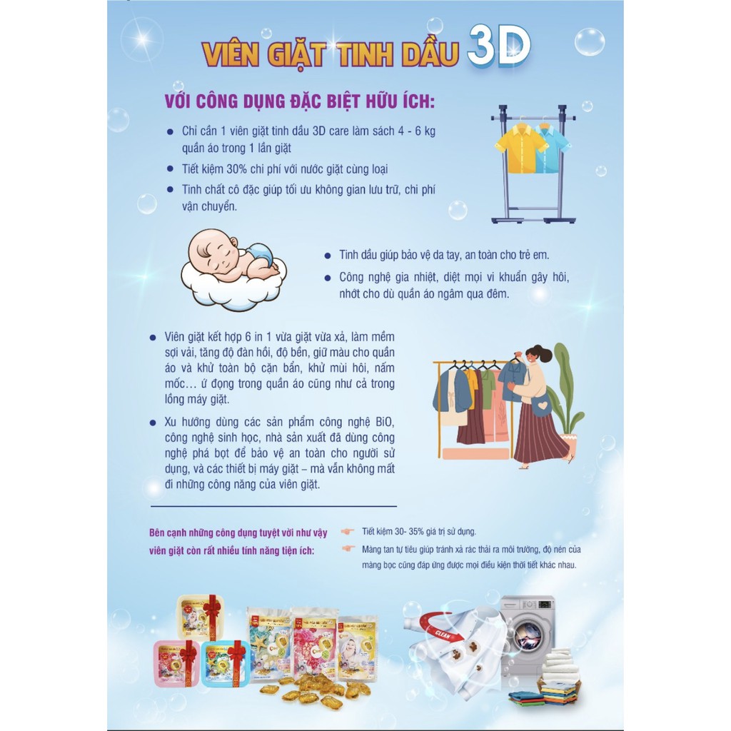 Viên giặt tinh dầu 3D Thái Bình Dương - 2in1 thay nước giặt và xả - gấp 3 thời gian lưu hương