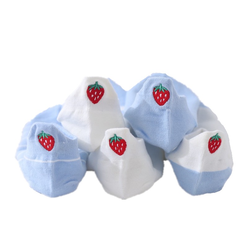 WAFNHA D269 Vớ Cotton Cổ Thấp Thêu Hình Dâu Tây/Hoạt Hình Dễ Thương Màu Xanh Dương Nhạt Thời Trang